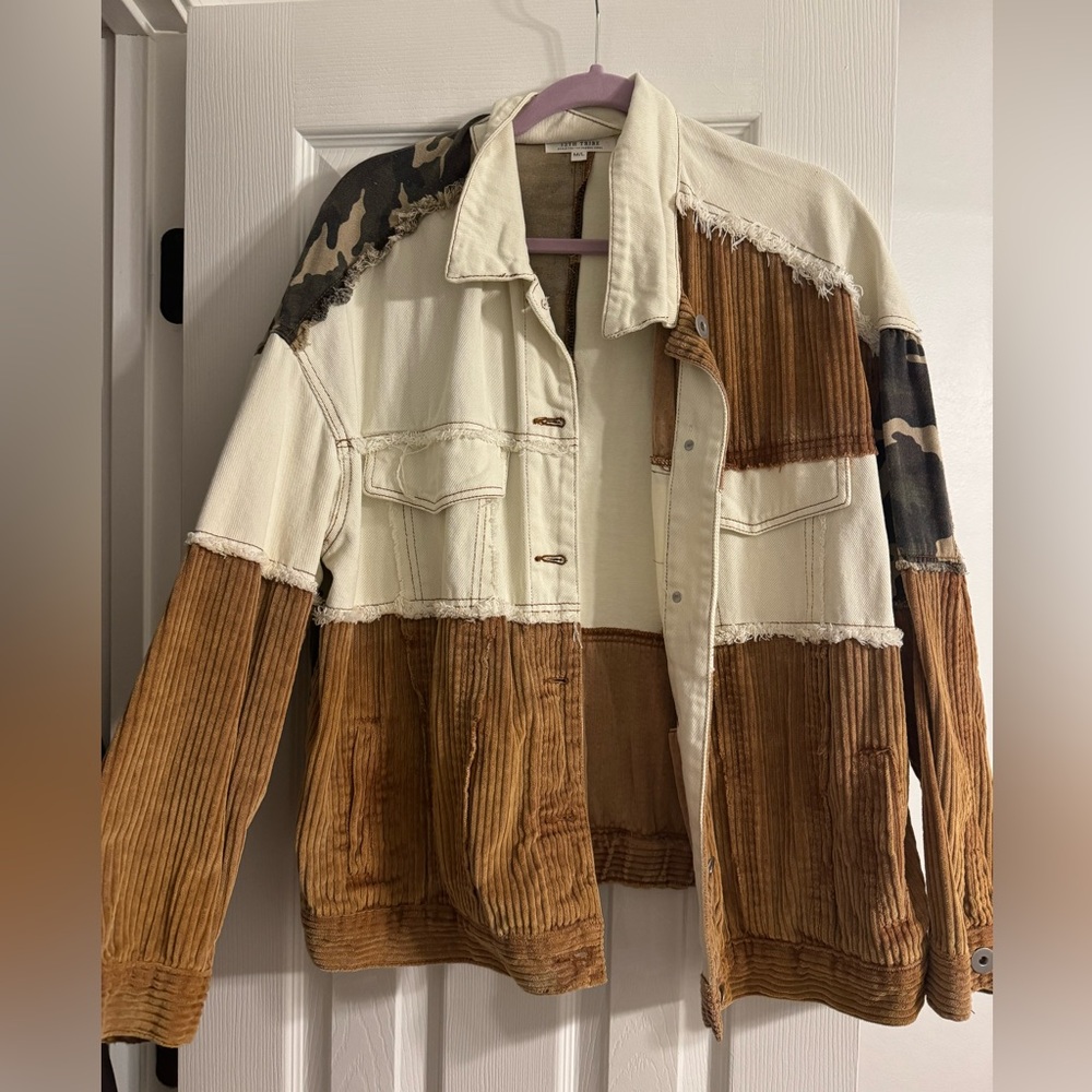 12th Tribe Cream and Brown Patchwork Jean Jacket